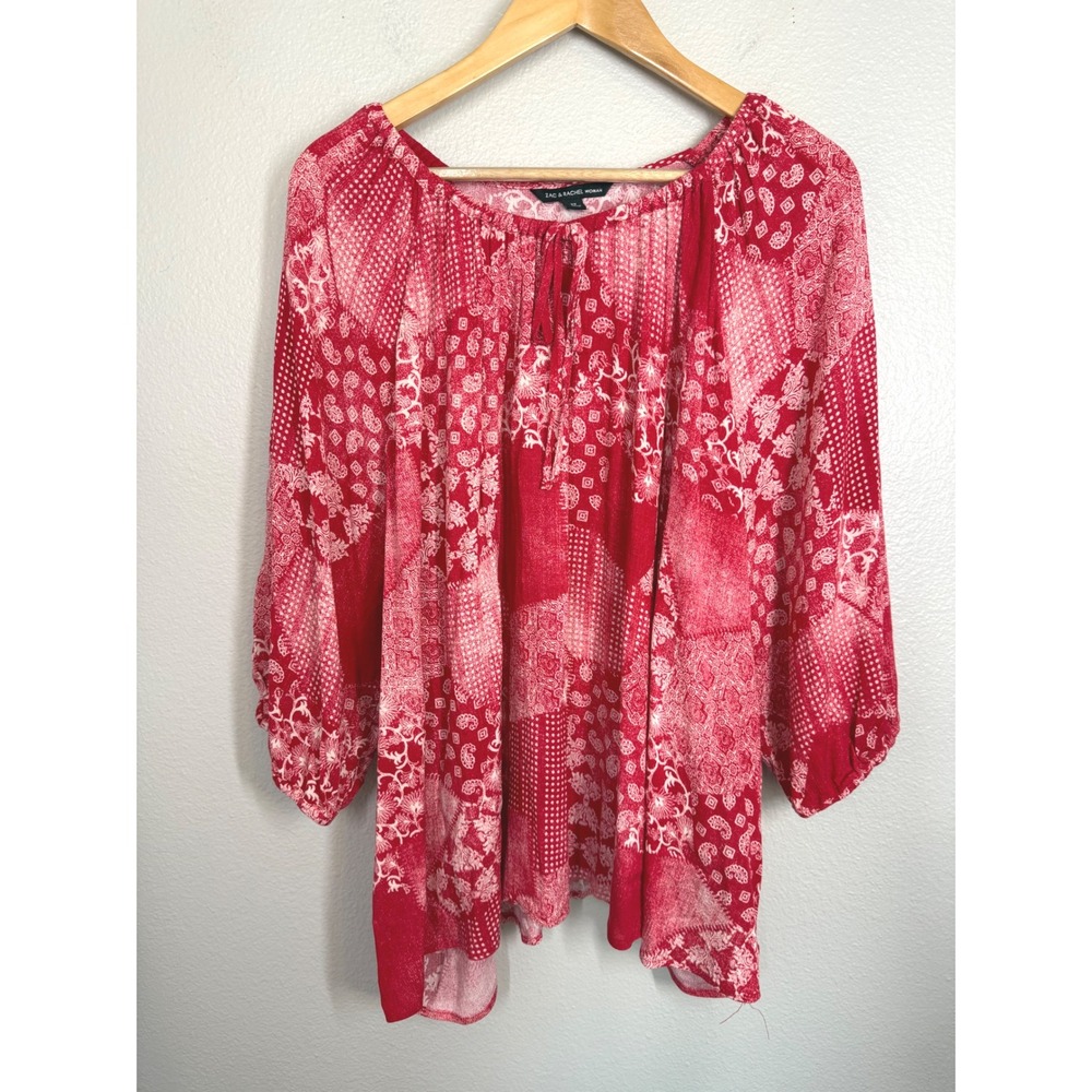 Zac & Rachel Woman Size 2X‎ Red Paisley Patchwork 3/4 Sleeve Peasant Blouse Boho